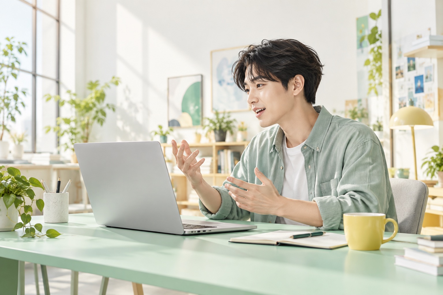 A person expressing an idea naturally at a laptop in a bright studio