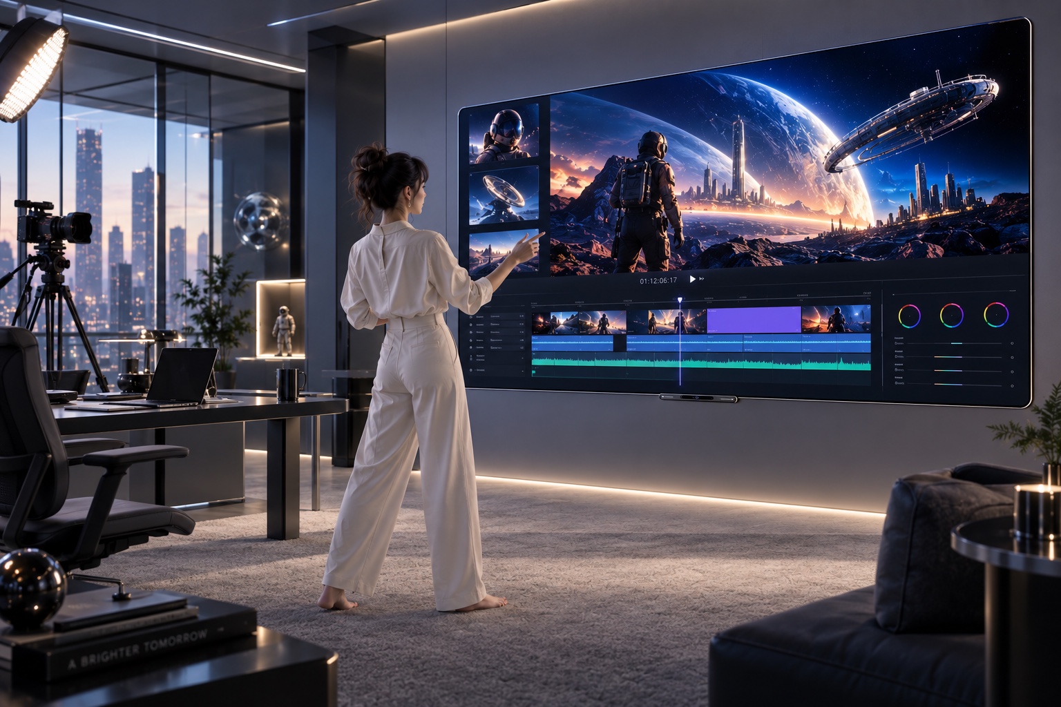 Tung Pad studio concept: a creator comparing scenes, timelines and creative references on a large display